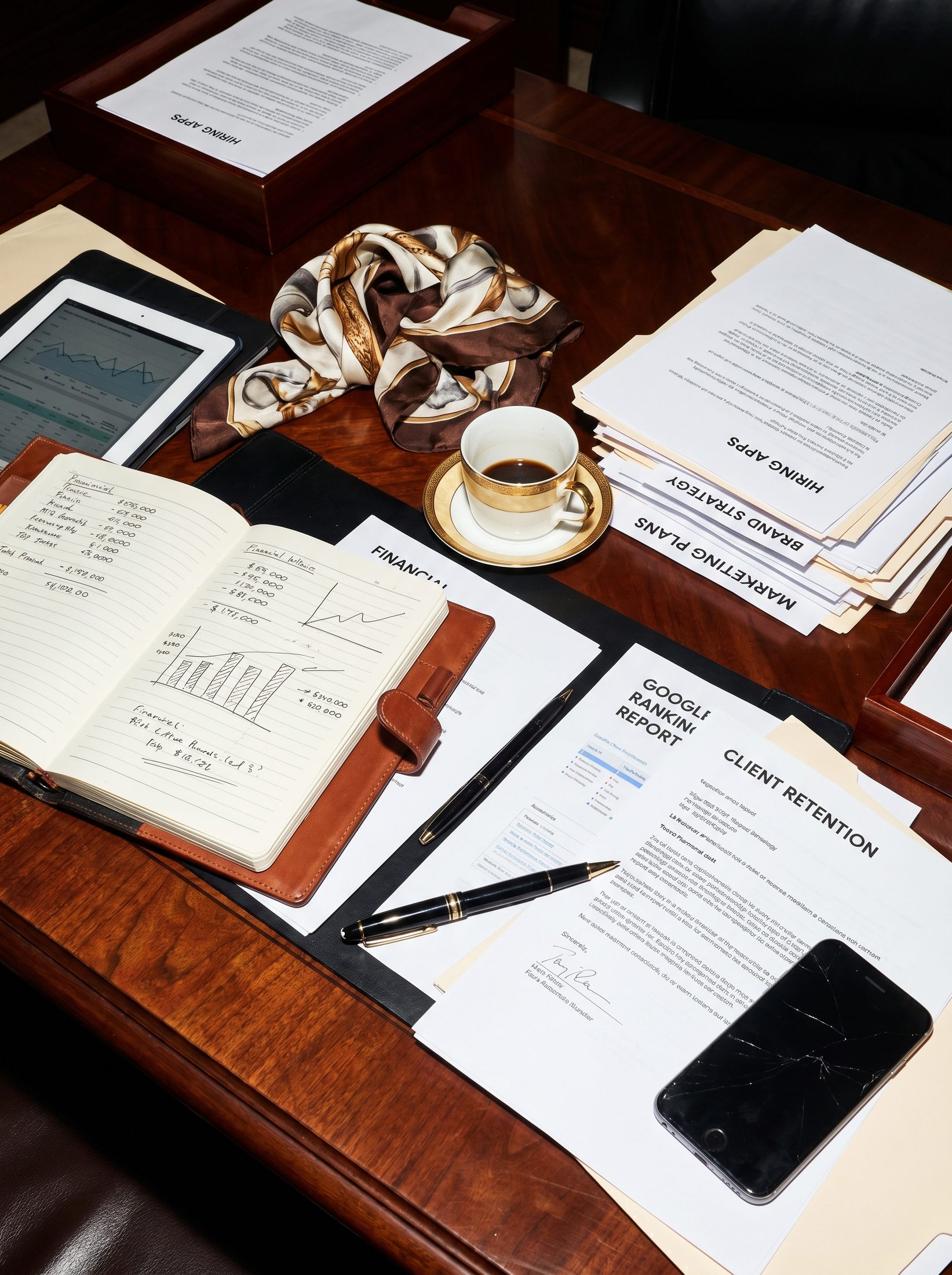 Schreibtisch mit Finanzplänen, Client Retention, Hiring